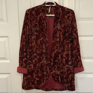 Free People Rich Red Paisley Velvet Open Front Blazer - Size Small